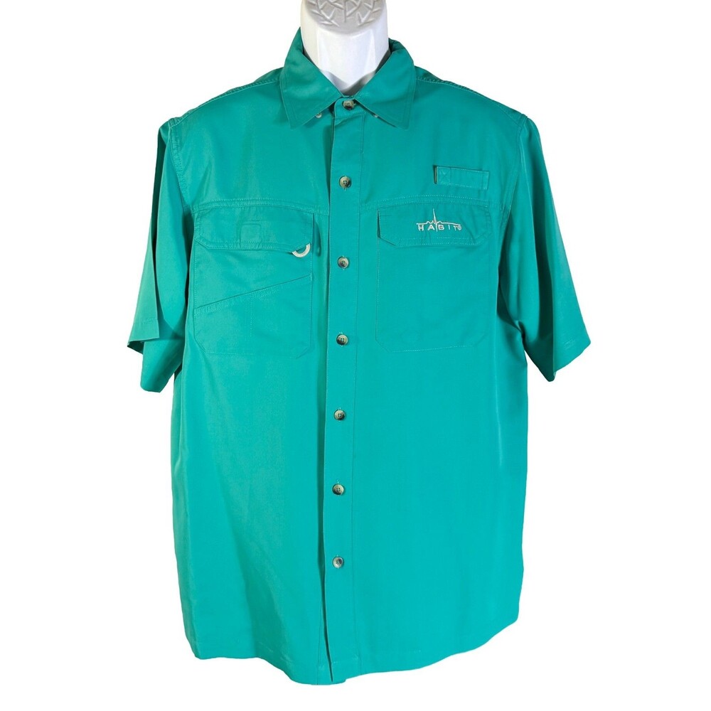 HABIT Men's Short‎ Sleeve Button Down Vented Fishing Shirt Green Medium